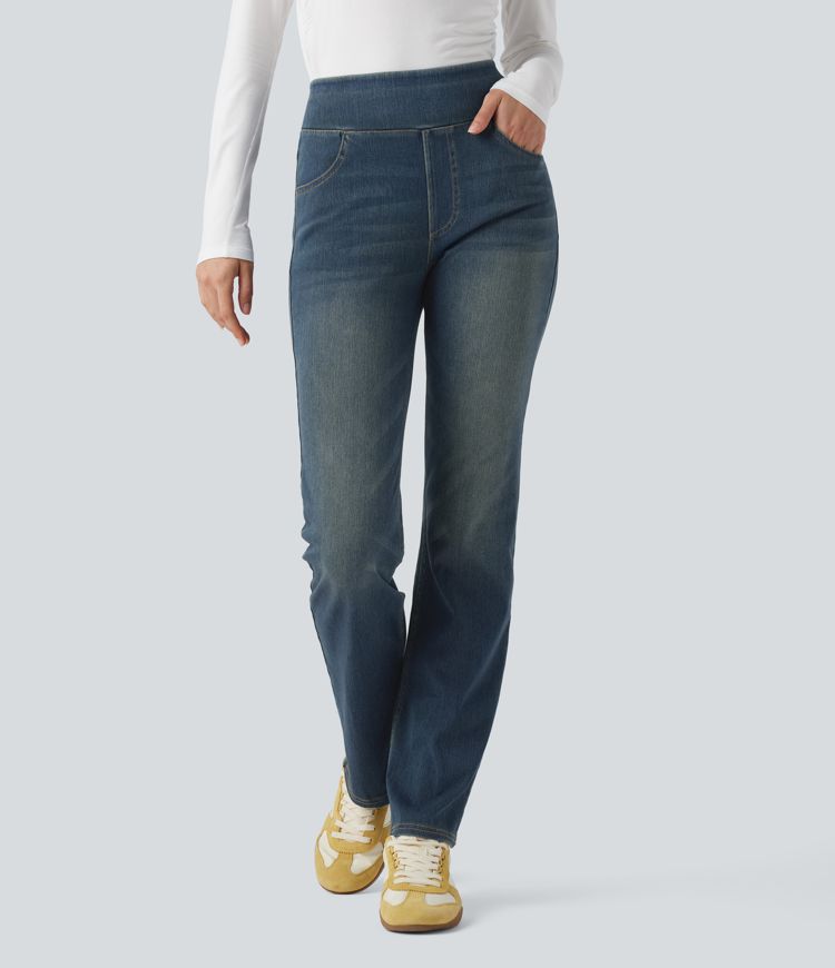 Halara Flex™ Jean bootcut décontracté extensible délavé taille haute à poches multiples