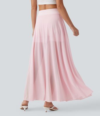 Jupe Maxi Évasée décontractée à Taille Haute avec Cordon de Serrage, Contraste en Maille, 2-en-1 avec Pochettes