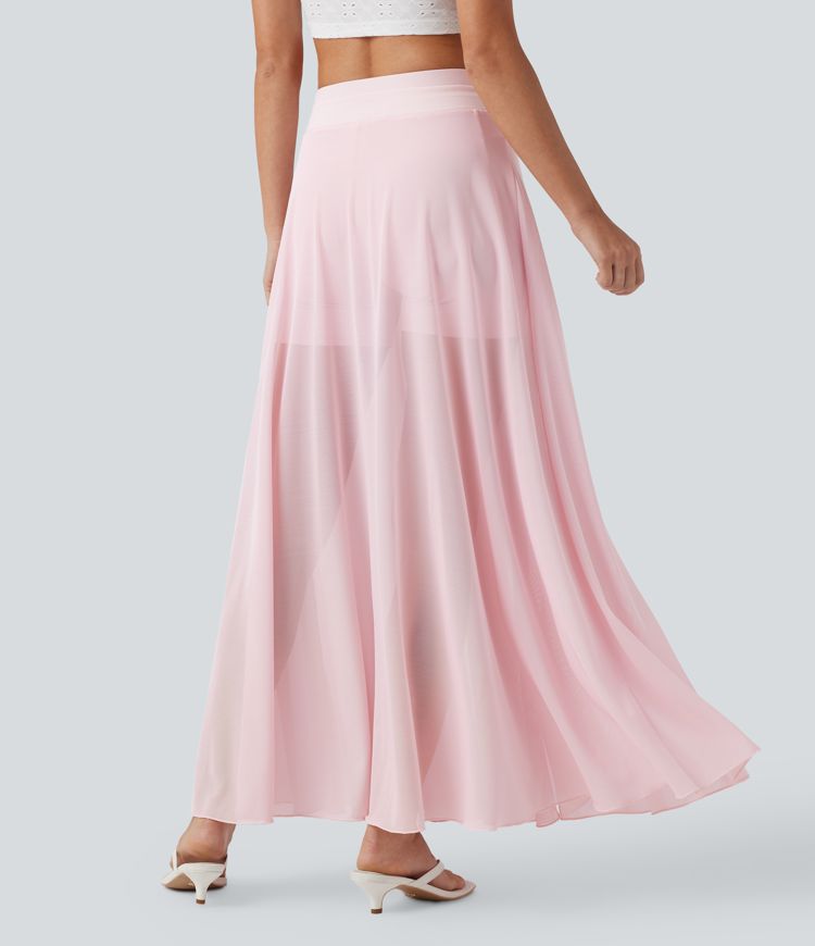 Jupe Maxi Évasée décontractée à Taille Haute avec Cordon de Serrage, Contraste en Maille, 2-en-1 avec Pochettes