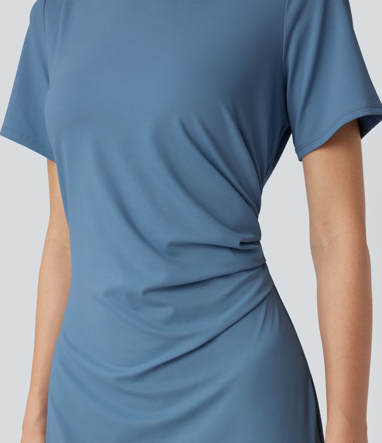 Short Sleeve Ruched Bodycon Midi Work Dress