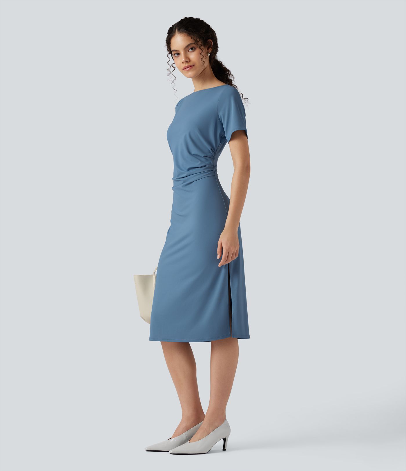 Short Sleeve Ruched Bodycon Midi Work Dress