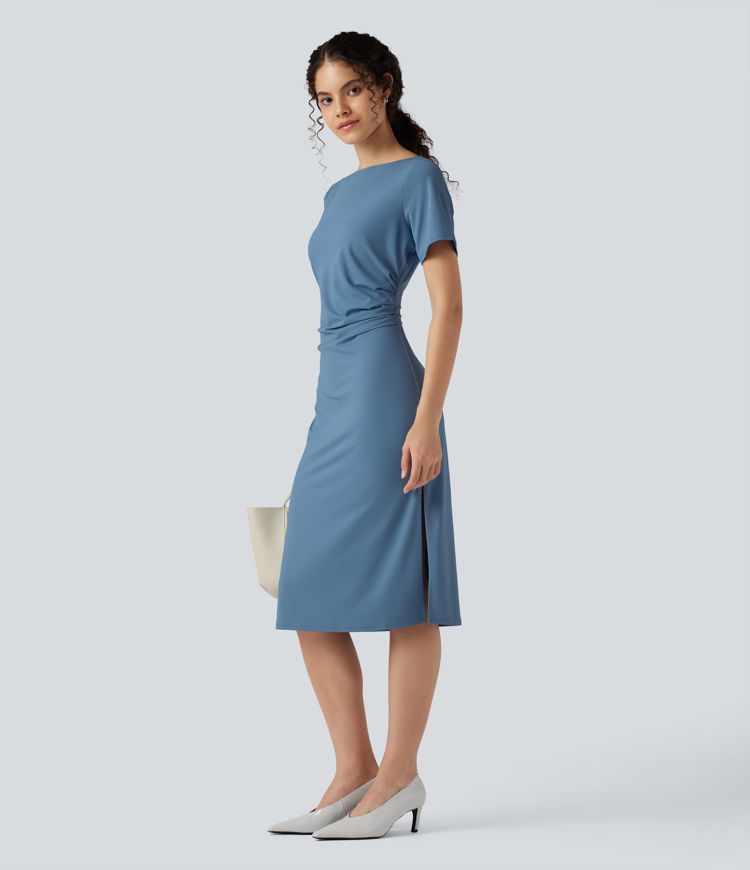 Short Sleeve Ruched Bodycon Midi Work Dress