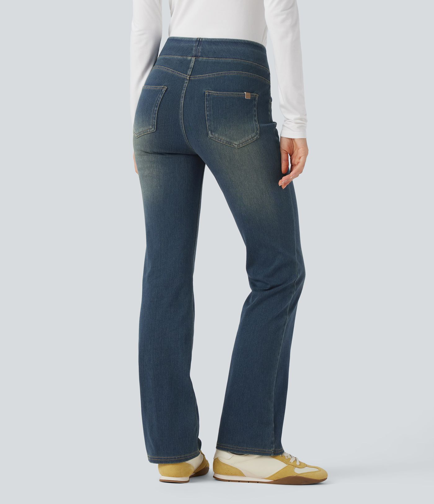 Halara Flex™ Jean bootcut décontracté extensible délavé taille haute à poches multiples