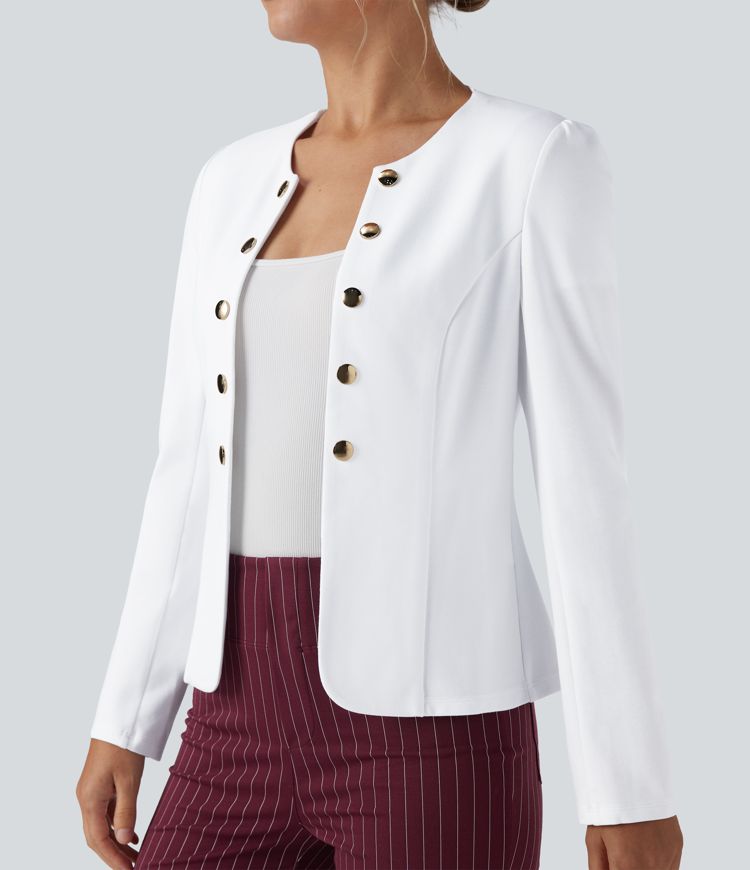 Round Neck Long Sleeve Decorative Button Slim Work Blazer
