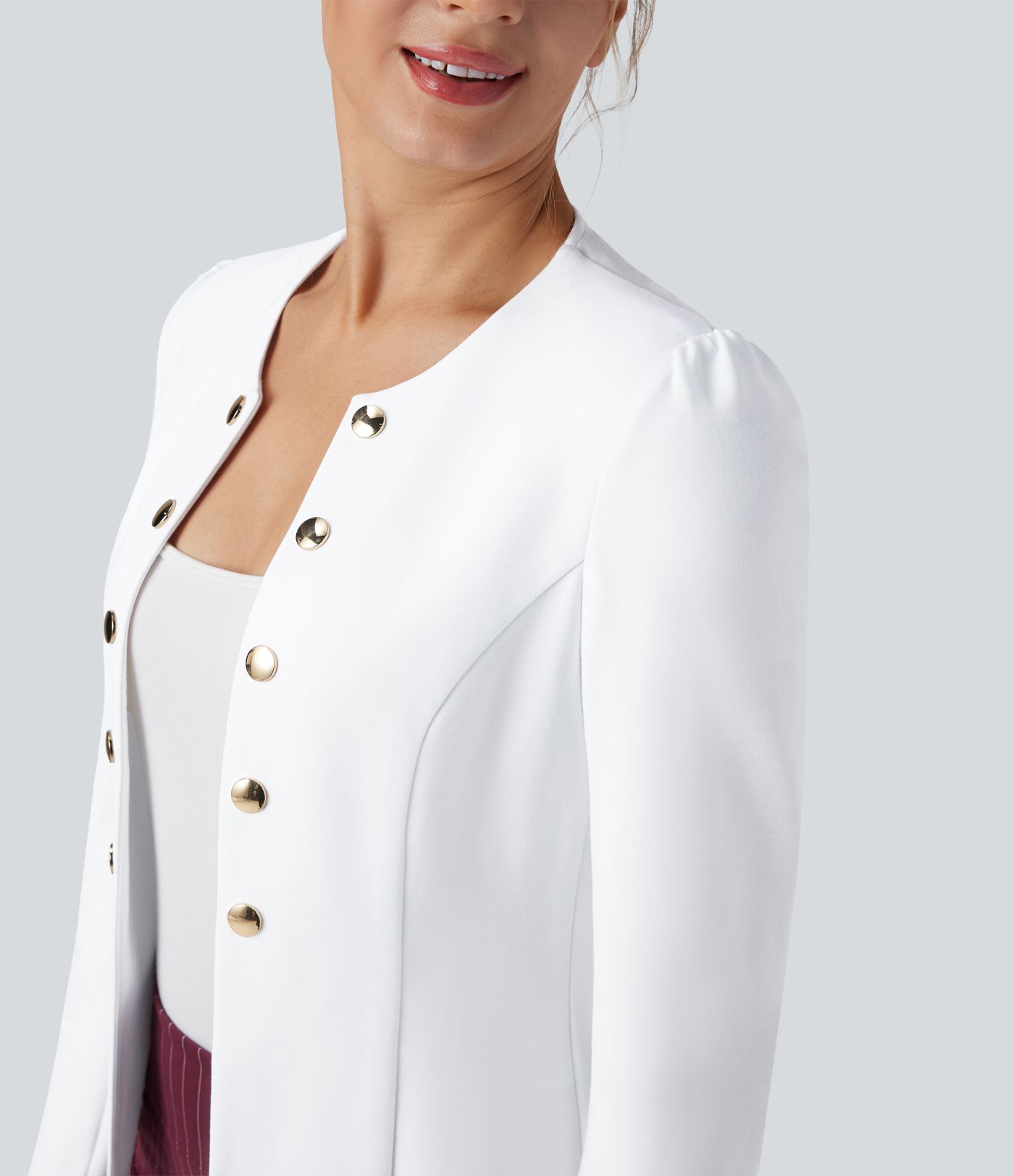 Round Neck Long Sleeve Decorative Button Slim Work Blazer