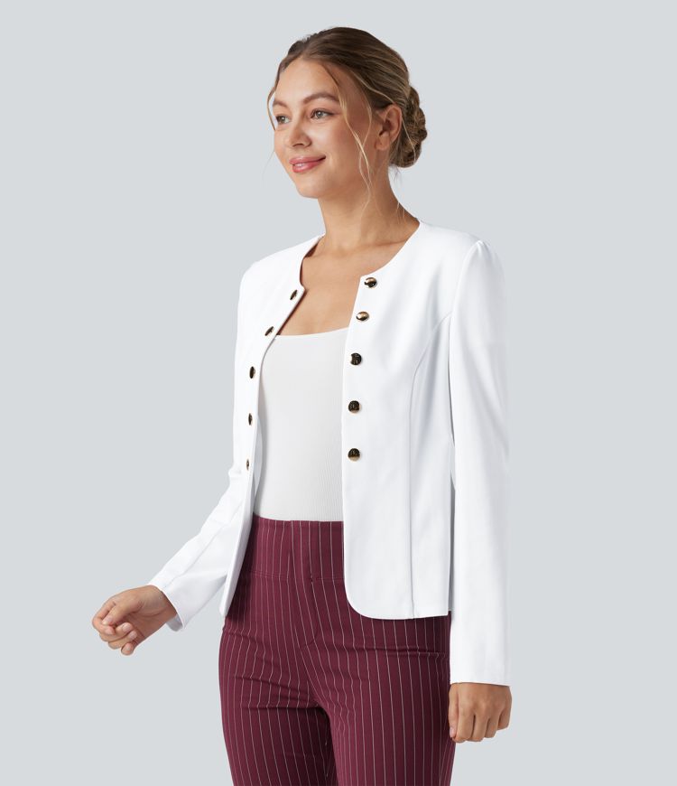 Round Neck Long Sleeve Decorative Button Slim Work Blazer