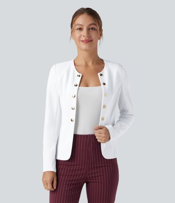 Round Neck Long Sleeve Decorative Button Slim Work Blazer