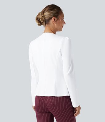 Round Neck Long Sleeve Decorative Button Slim Work Blazer