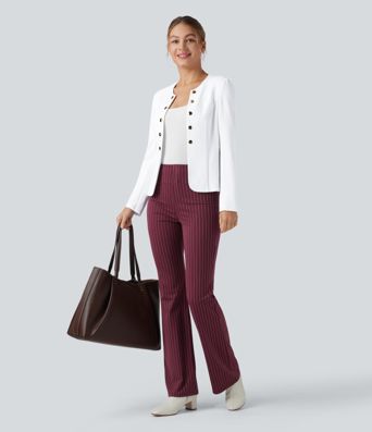 Round Neck Long Sleeve Decorative Button Slim Work Blazer