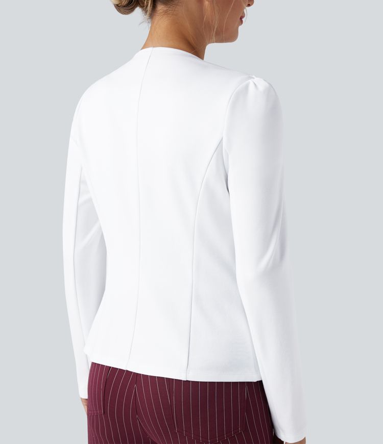 Round Neck Long Sleeve Decorative Button Slim Work Blazer