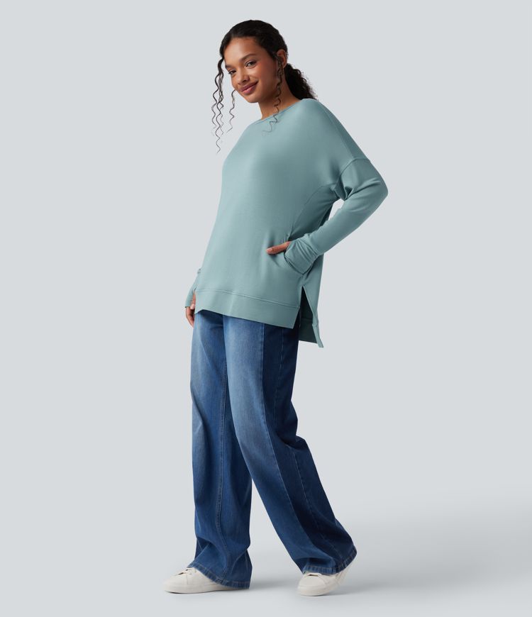 Round Neck Long Sleeve Thumb Hole Casual Sports Sweatshirt with Pockets