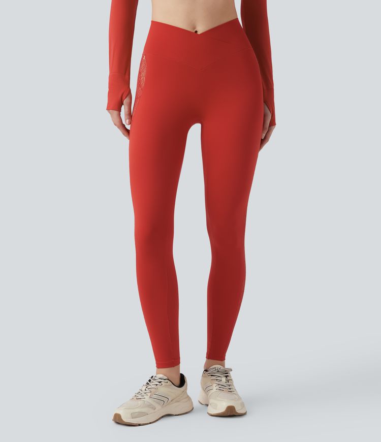 Leggings de yoga SoftlyZero™ taille haute avec dentelle contrastée et poches - Protection UV UPF50+