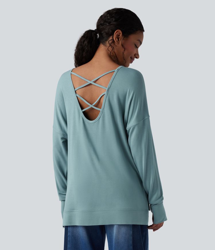 Round Neck Long Sleeve Thumb Hole Casual Sports Sweatshirt with Pockets