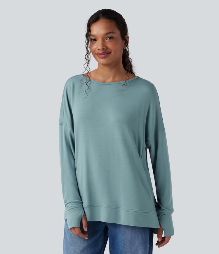 Round Neck Long Sleeve Thumb Hole Casual Sports Sweatshirt with Pockets