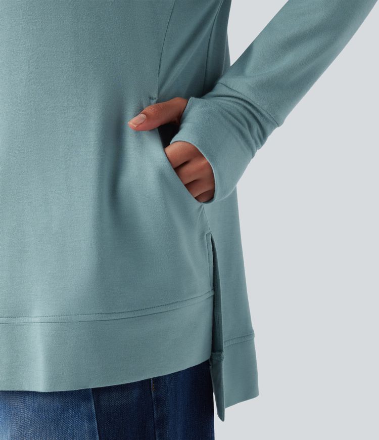 Round Neck Long Sleeve Thumb Hole Casual Sports Sweatshirt with Pockets