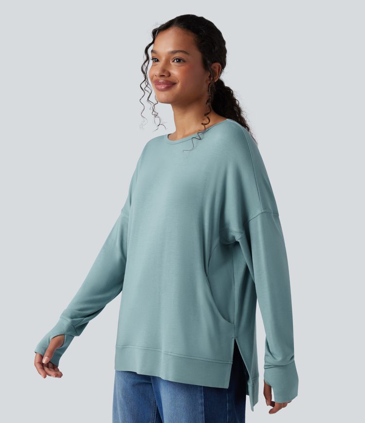 Round Neck Long Sleeve Thumb Hole Casual Sports Sweatshirt with Pockets