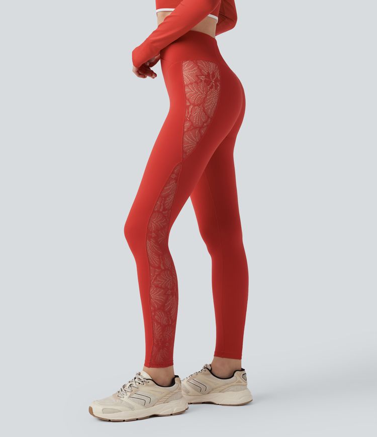 Leggings de yoga SoftlyZero™ taille haute avec dentelle contrastée et poches - Protection UV UPF50+