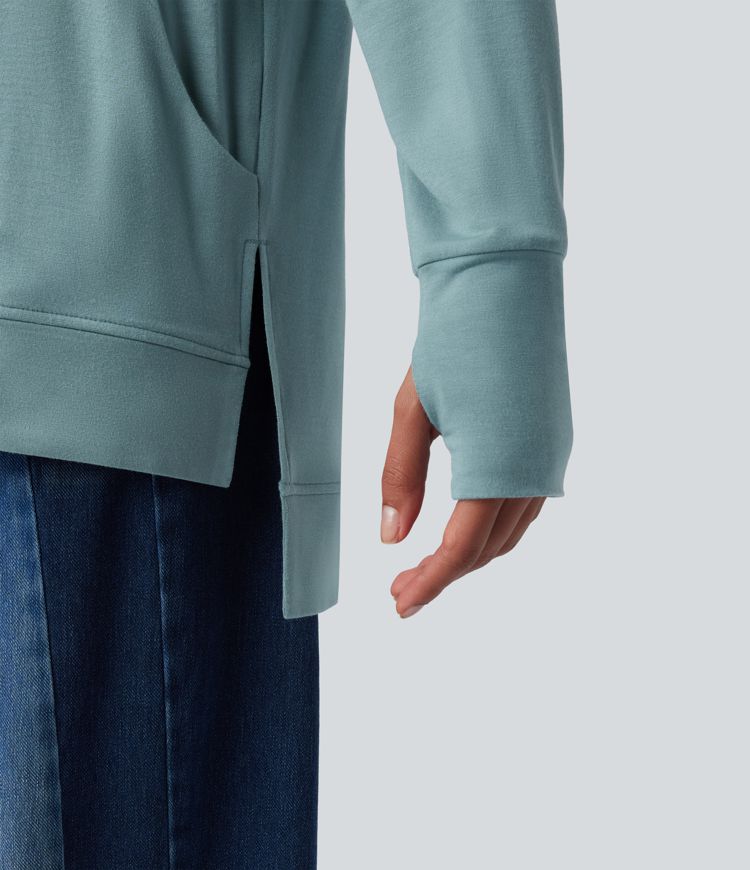 Round Neck Long Sleeve Thumb Hole Casual Sports Sweatshirt with Pockets