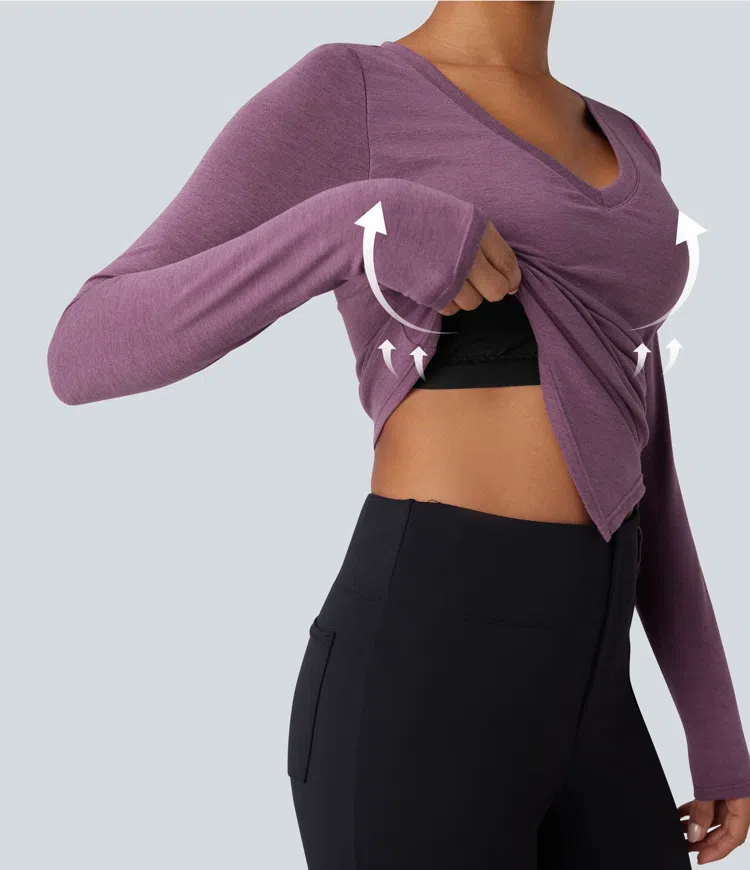 Red Violet Floral Yarn Molded Cups Push-Up V-neck Long Sleeve Ruched Split Hem Casual Top A/B Cup / 2