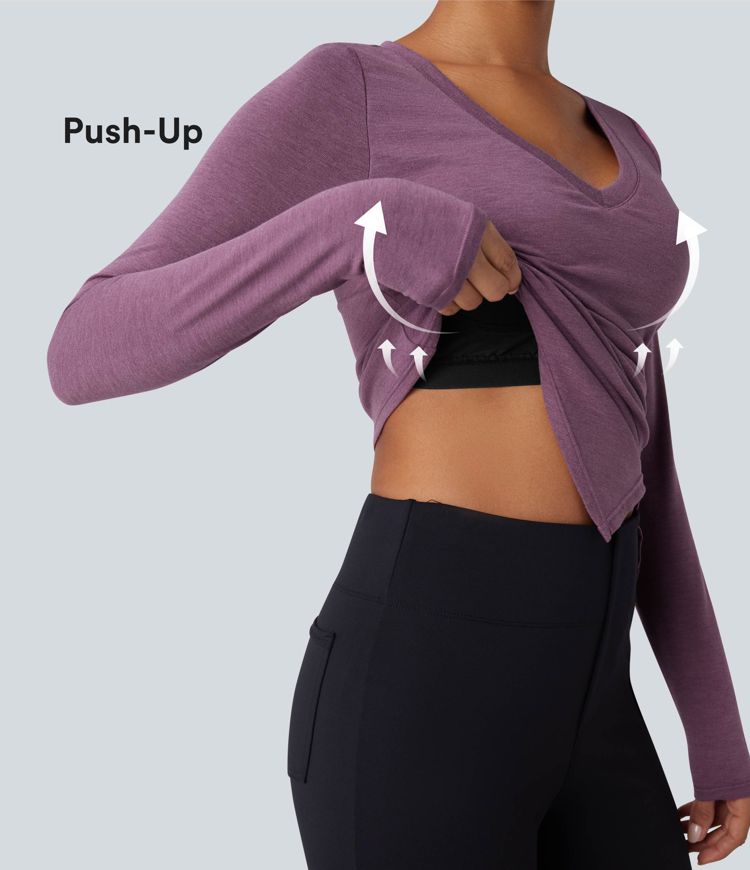 Molded Cups Push-Up V-neck Long Sleeve Ruched Split Hem Casual Top
