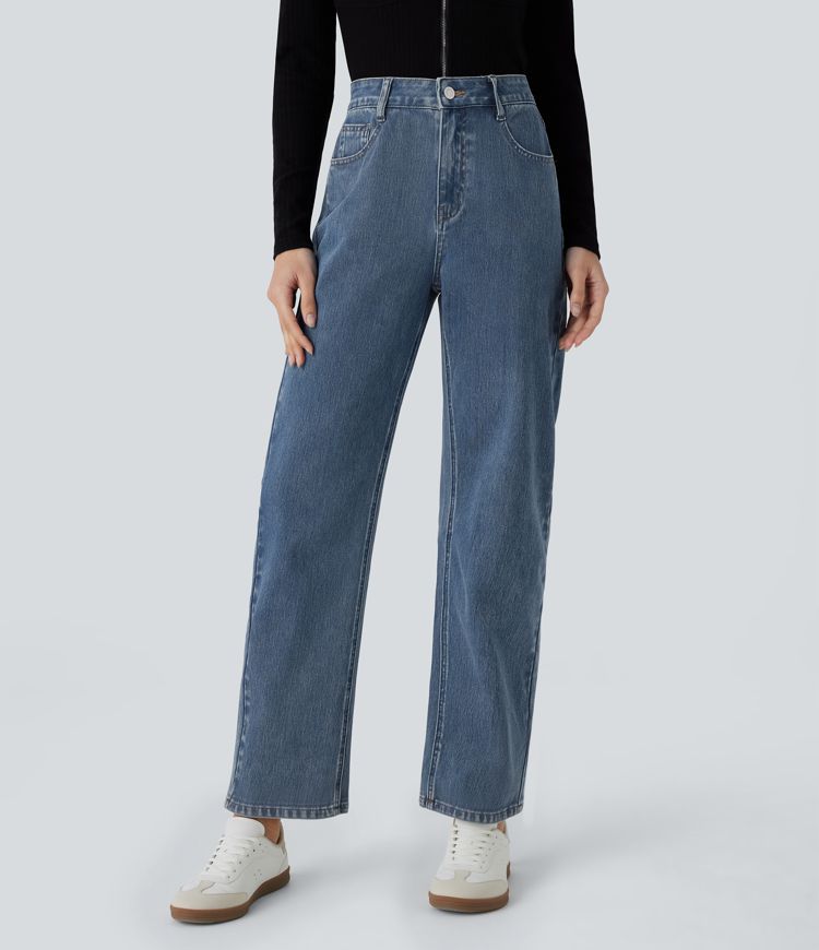 Halara Flex™ High Waisted Zipper Pockets Straight Leg Casual Jeans