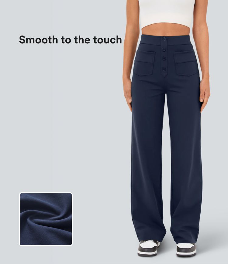 High Waisted Button Multiple Pockets Straight Leg Casual Pants