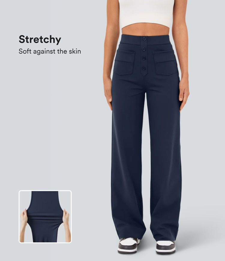 High Waisted Pockets Straight Leg Casual Pants