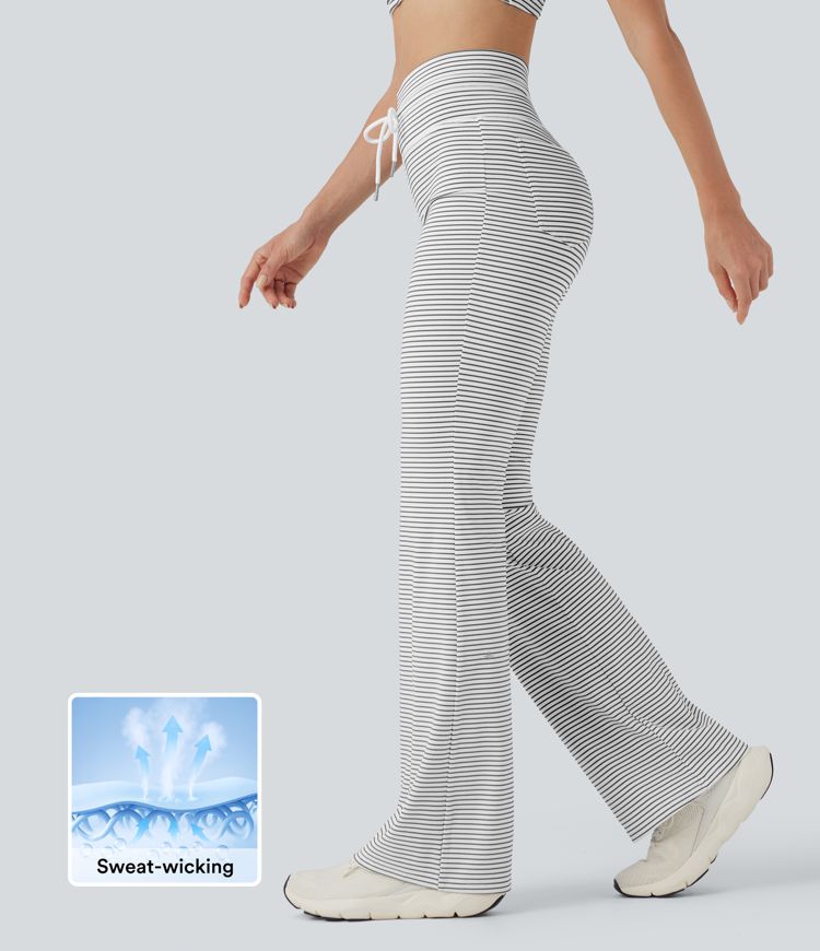 High Waisted Drawstring Stripe Flare Yoga Pants with Pockets