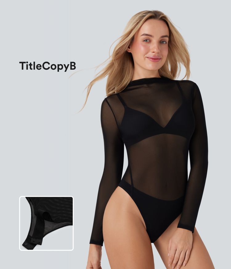 Lässiger Bodysuit aus transparentem Netzstoff mit Stehkragen und Druckknöpfen