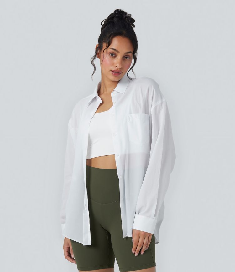 Collar Long Sleeve Curved Hem Hiking Shirt with Pocket-UPF40+