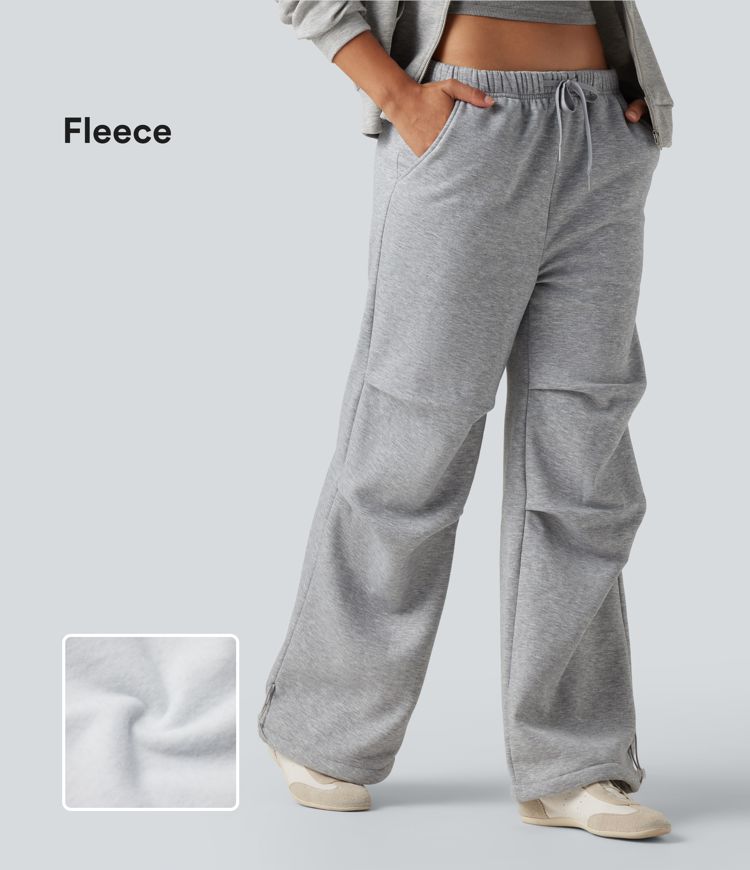 High Waisted Drawstring Ruched Fleece Casual Baggy Pants with Pockets