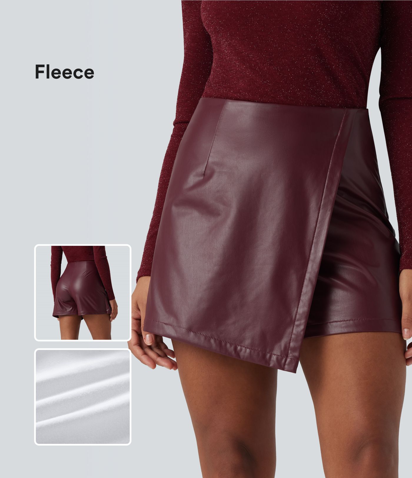 High Waisted Mini Fleece Casual PU Leather Skort