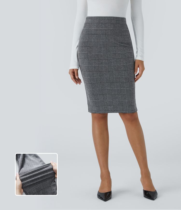 Jupe crayon de travail à taille haute, fente et motif pied-de-poule et carreaux