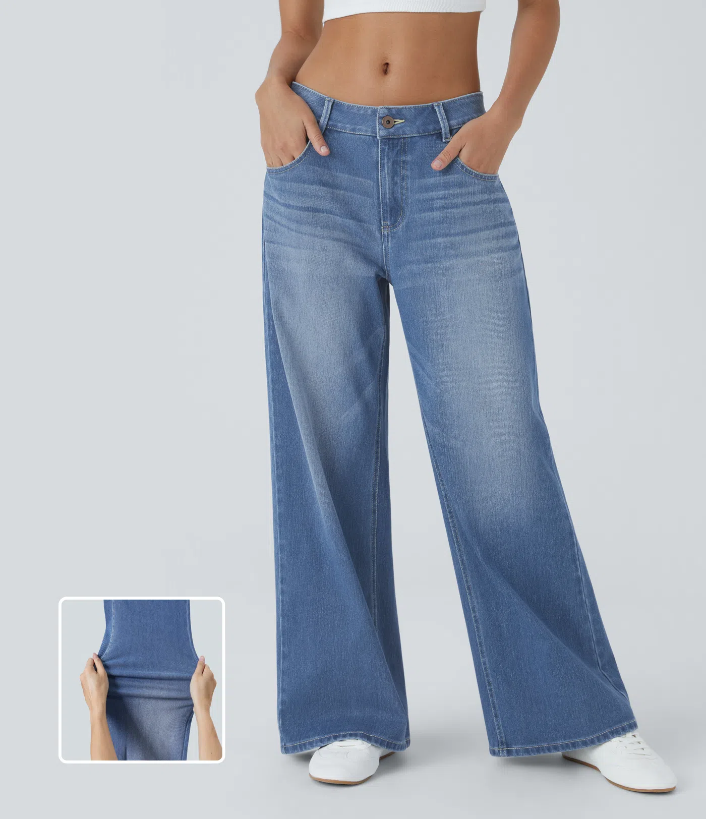 Halara Flex™ lässige, verwaschene Baggy Jeans aus elastischem Strick-Denim mit niedrigem Bund, Knopf, Reißverschluss, mehreren Taschen und weitem Bein