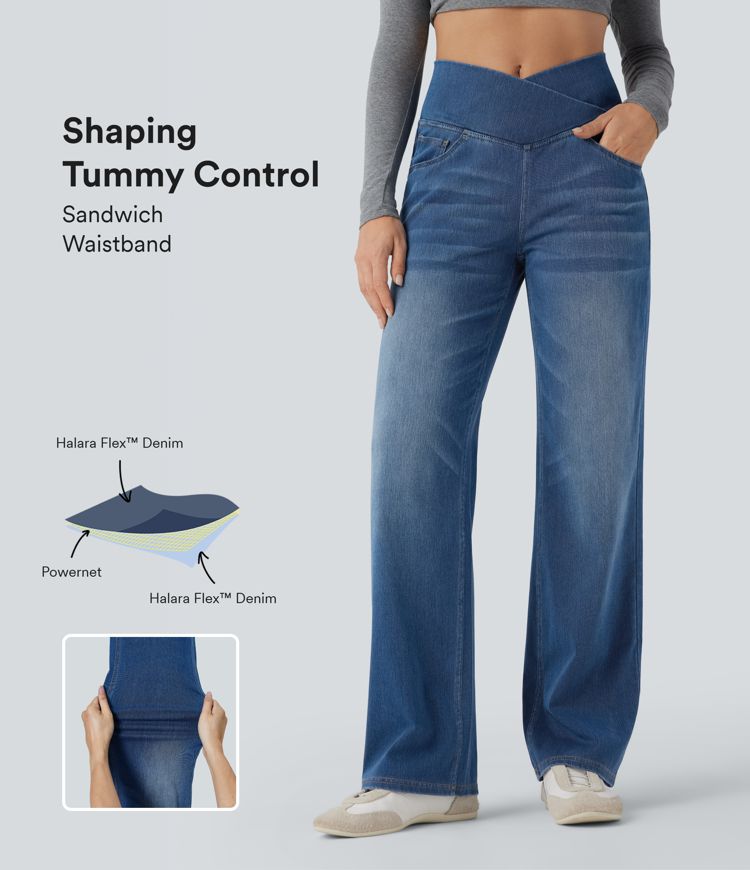 Halara Flex™ Crossover High Waisted Tummy Control Casual Straight Leg Jeans with Pockets