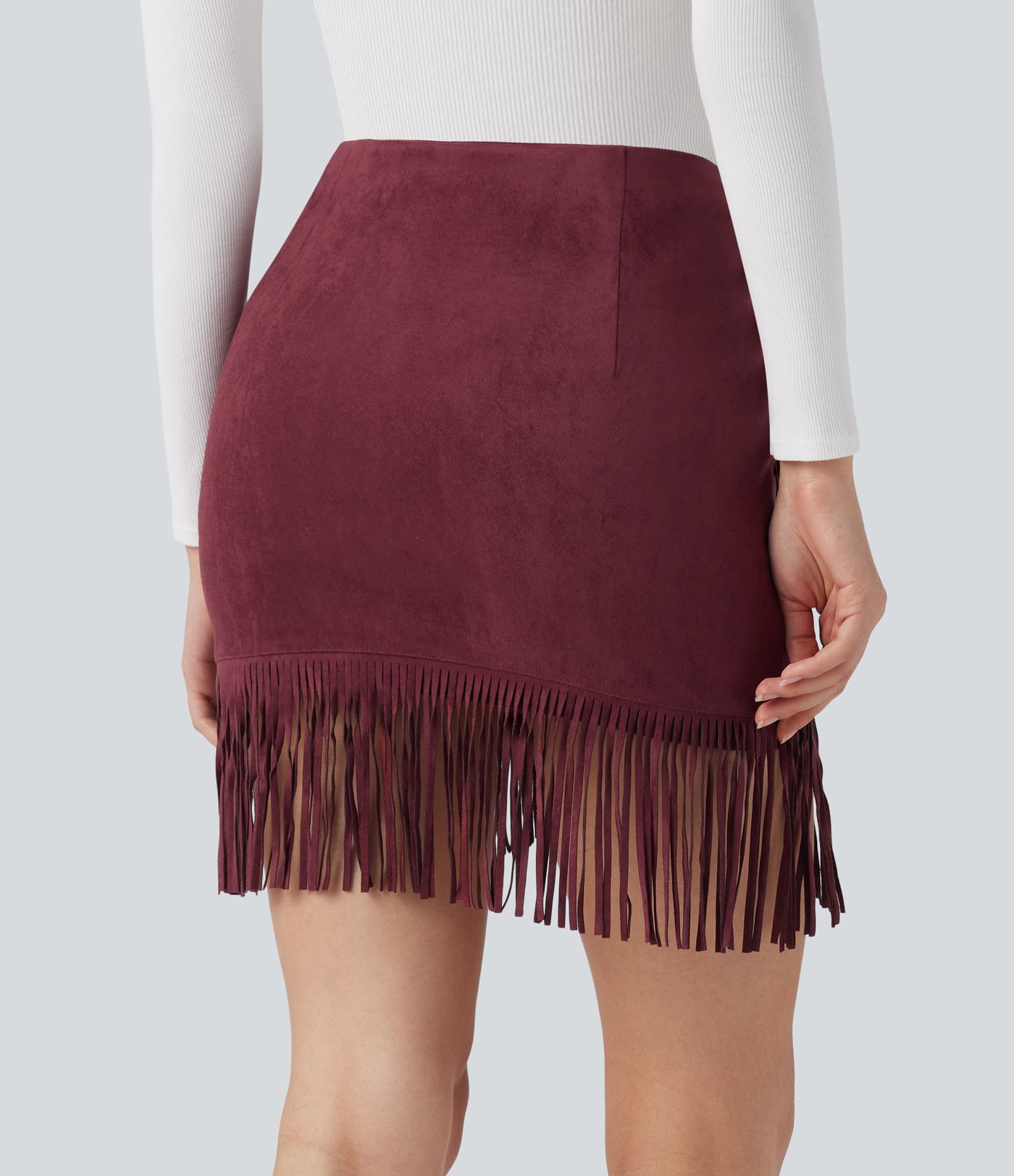 High Waisted 2-in-1 Fringe Hem Bodycon Mini Suede Casual Skirt