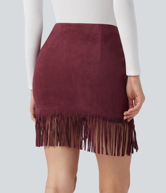High Waisted 2-in-1 Fringe Hem Bodycon Mini Suede Casual Skirt