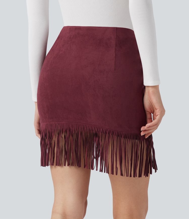 High Waisted 2-in-1 Fringe Hem Bodycon Mini Suede Casual Skirt