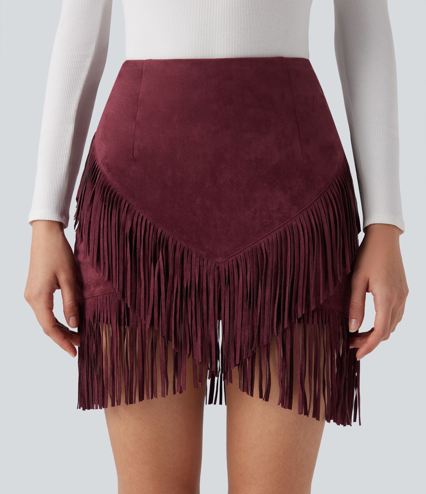 High Waisted 2-in-1 Fringe Hem Bodycon Mini Suede Casual Skirt