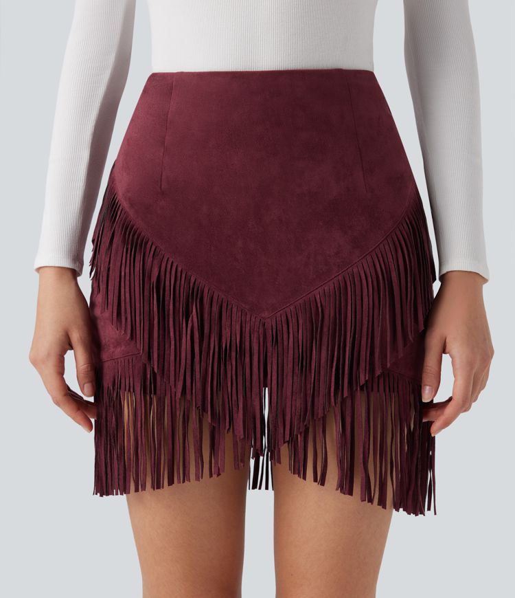 High Waisted 2-in-1 Fringe Hem Bodycon Mini Suede Casual Skirt