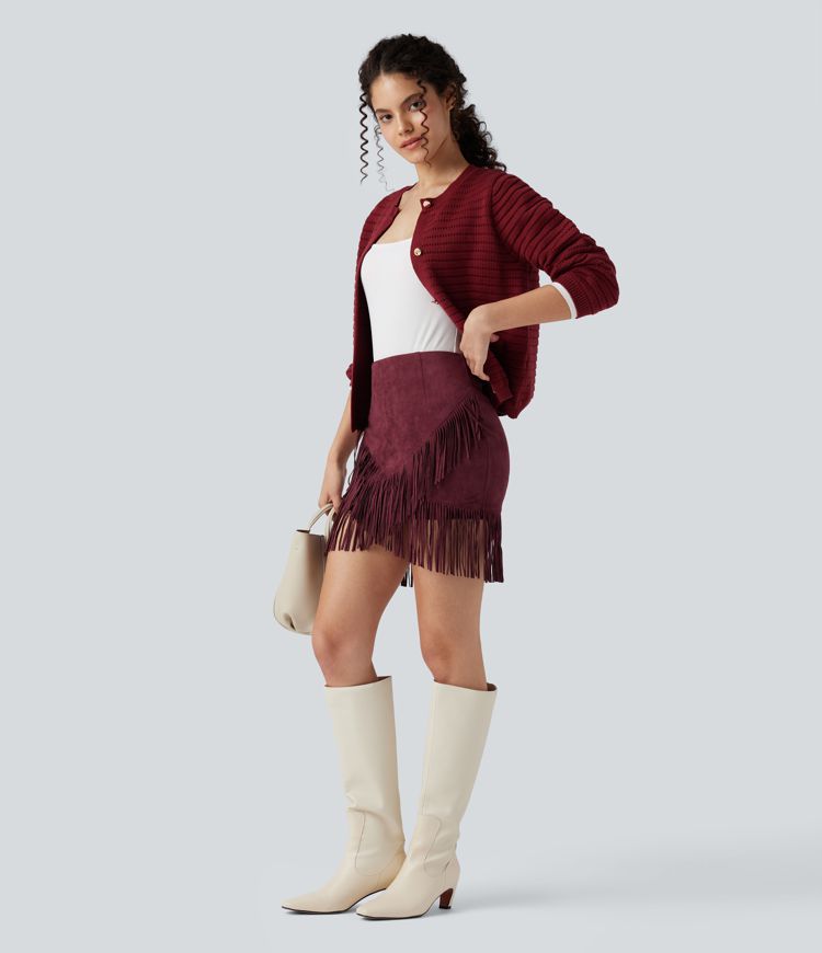 High Waisted 2-in-1 Fringe Hem Bodycon Mini Suede Casual Skirt