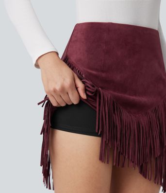 High Waisted 2-in-1 Fringe Hem Bodycon Mini Suede Casual Skirt