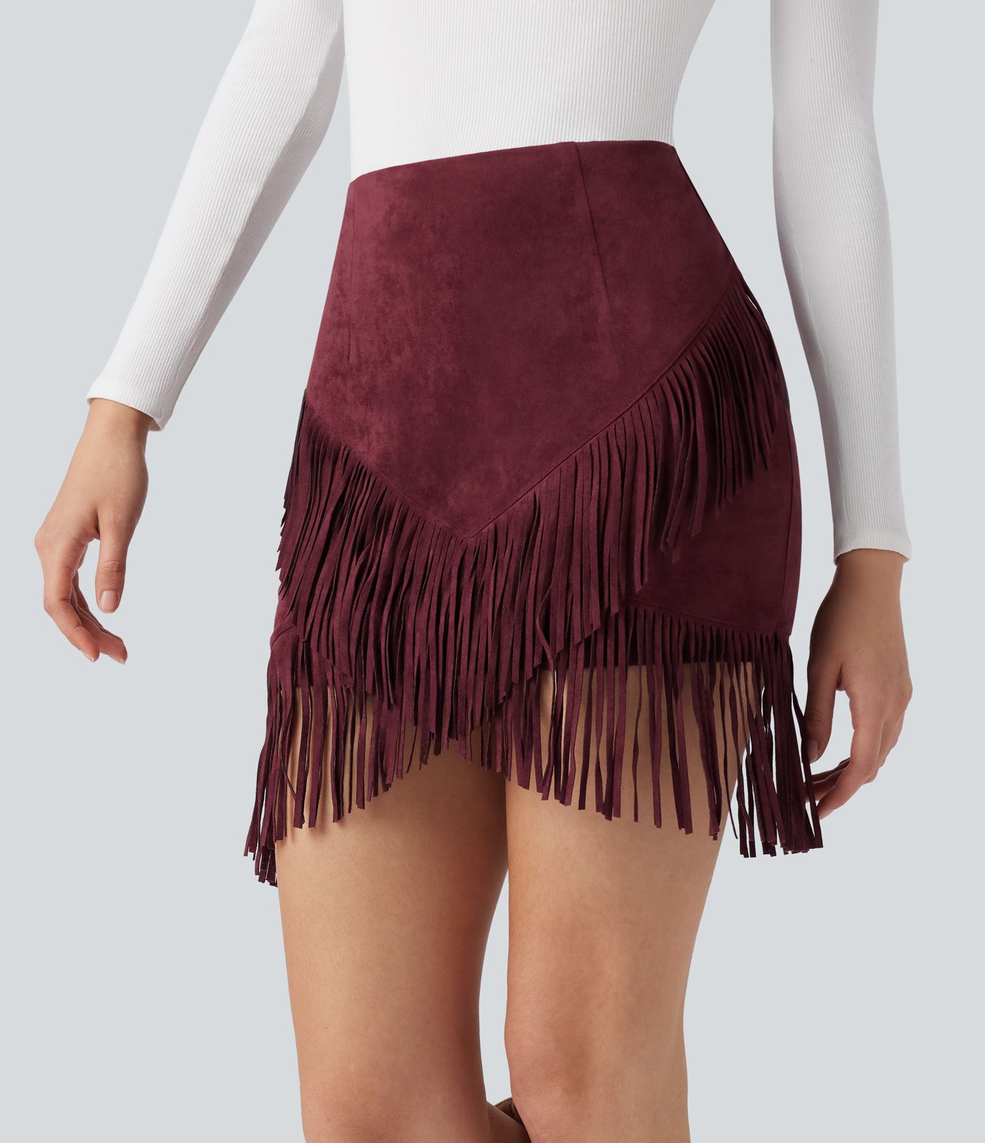 High Waisted 2-in-1 Fringe Hem Bodycon Mini Suede Casual Skirt
