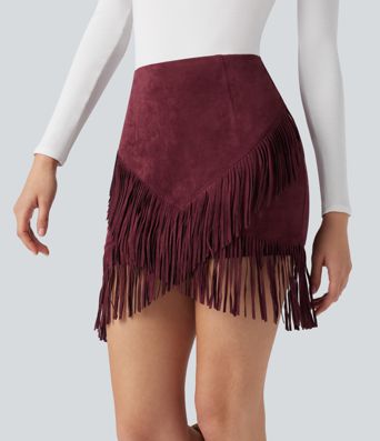 High Waisted 2-in-1 Fringe Hem Bodycon Mini Suede Casual Skirt