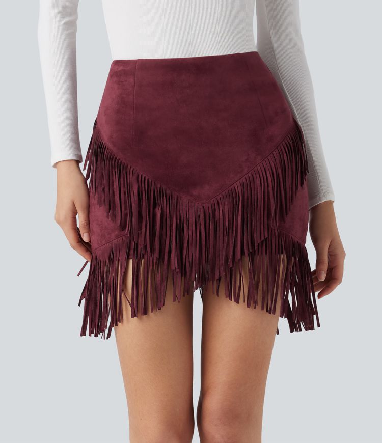 High Waisted 2-in-1 Fringe Hem Bodycon Mini Suede Casual Skirt