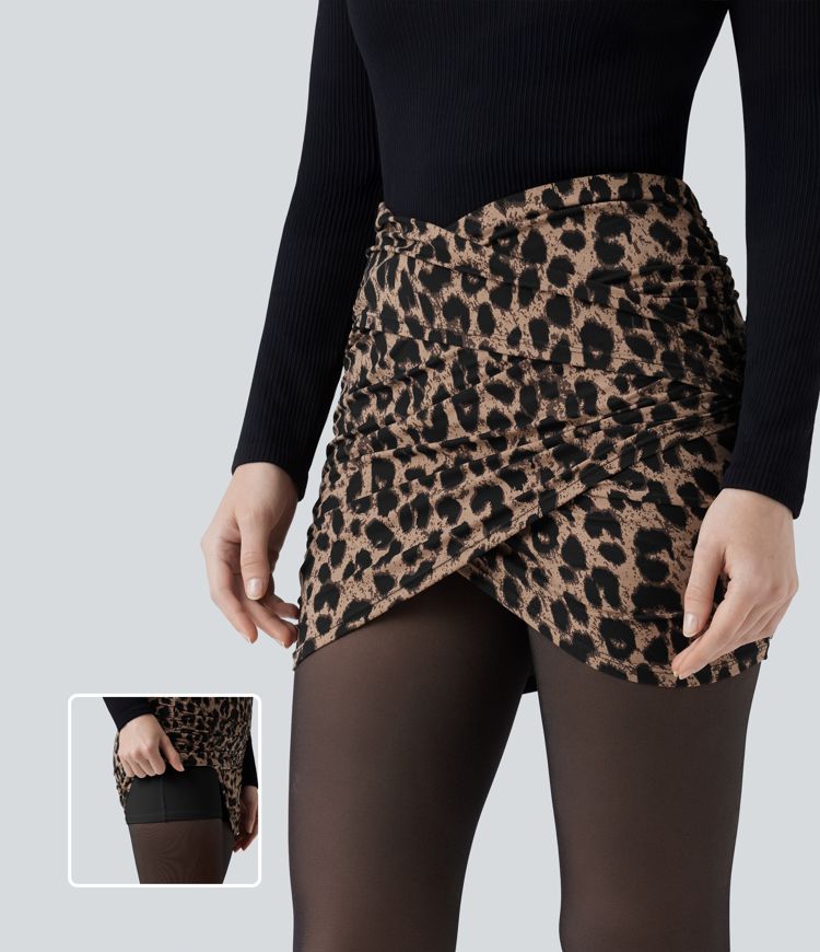 Halara UltraSculpt™ Leopard Print Crossover High Waisted 2-in-1 Bodycon Mini Party Skirt