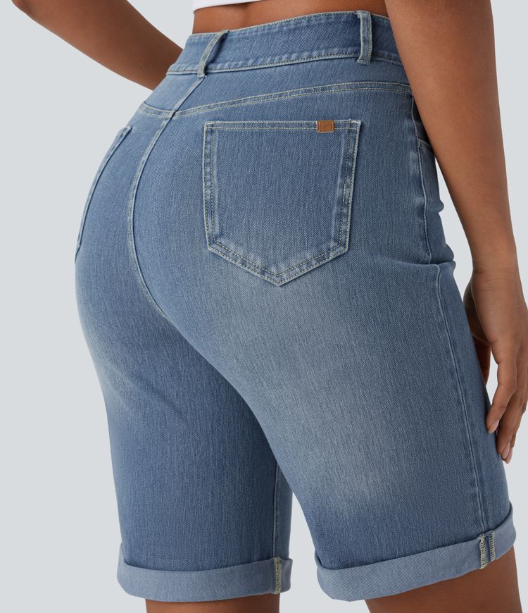 Halara Flex™ High Waisted Pockets Rolled Hem Washed Denim Casual Bermuda Shorts