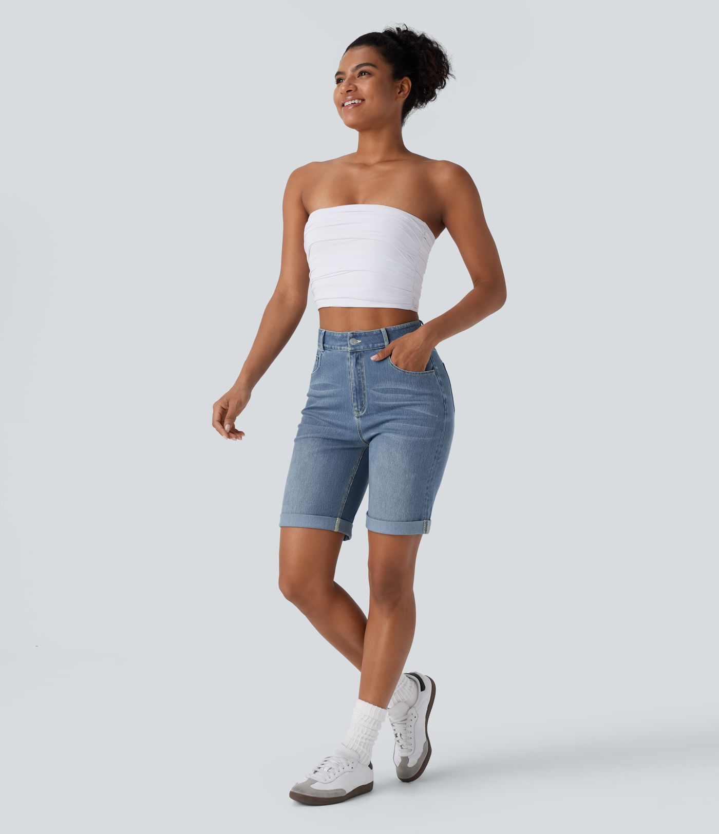 Halara Flex™ High Waisted Pockets Rolled Hem Washed Denim Casual Bermuda Shorts