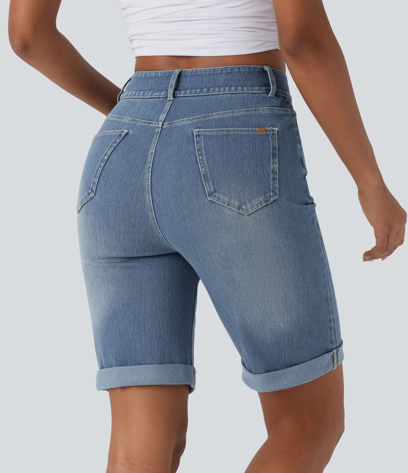Halara Flex™ High Waisted Pockets Rolled Hem Washed Denim Casual Bermuda Shorts