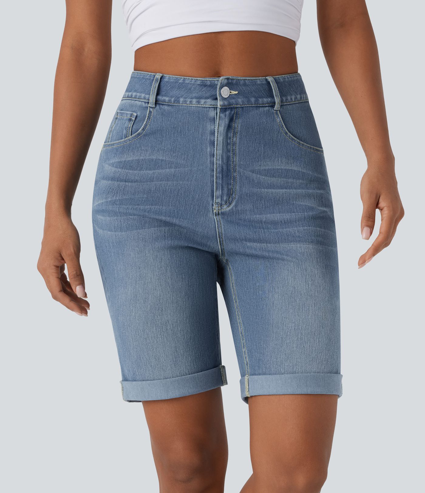 Halara Flex™ High Waisted Pockets Rolled Hem Washed Denim Casual Bermuda Shorts